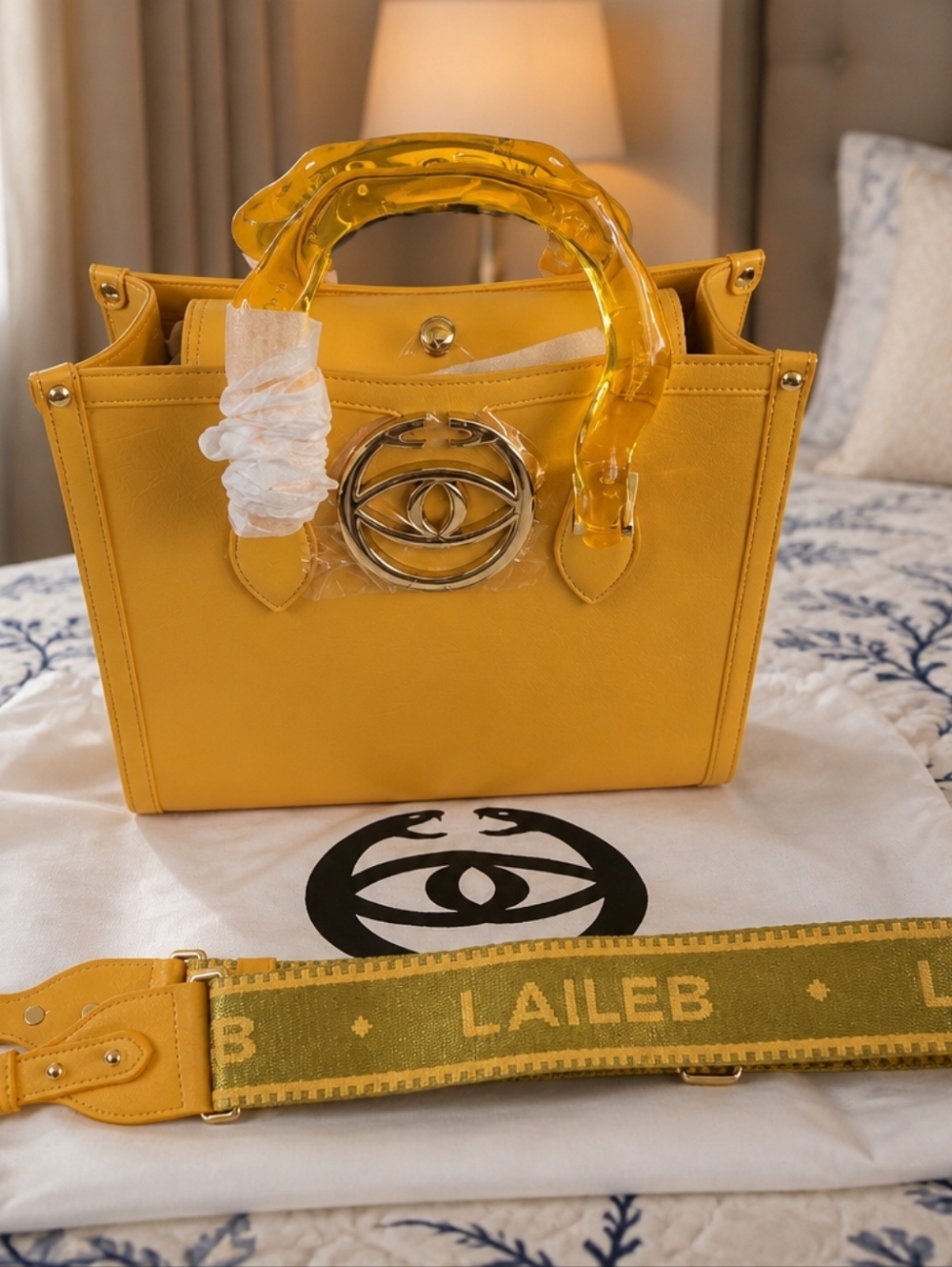 Yellow Structured Satchel with Accent Strap